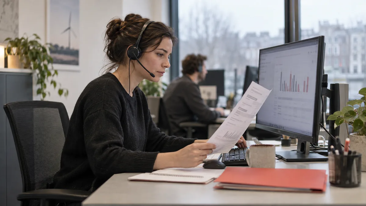 AI-generated illustration of a service specialist wearing a headset and reviewing an energy bill and consumption data.